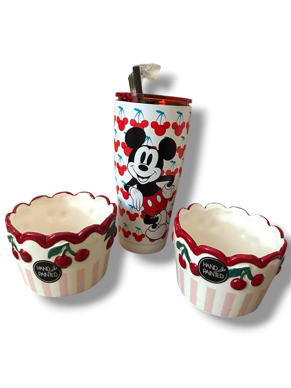 Disney Mickey Mouse Cherry Tumbler + Pair of Hand-Painted Cherry Bowls GIFT SET - Picture 2 of 15